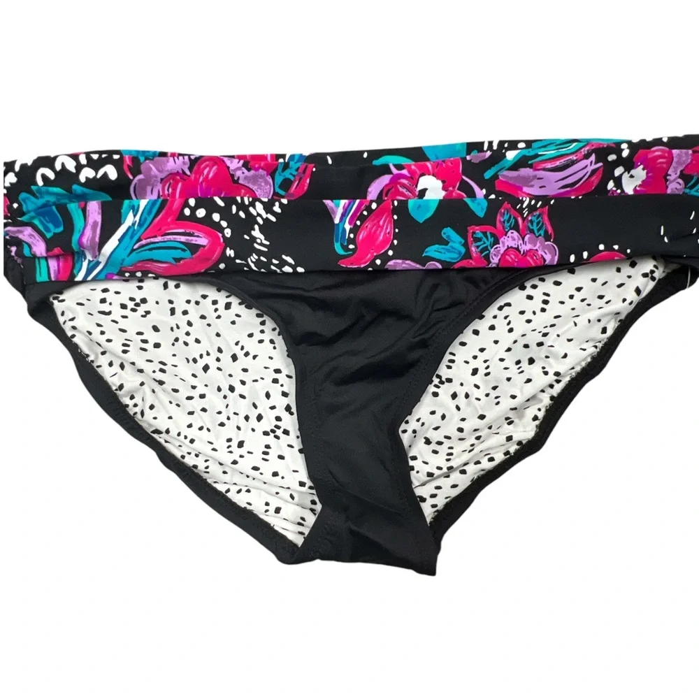 Anne Cole Floral Polka Dot‎ Black Pink Halter Top Two Piece Bikini Set Size XS